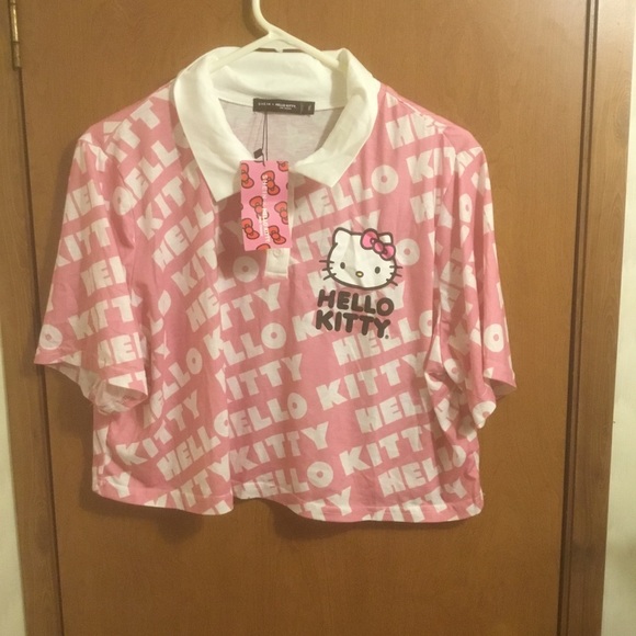 Hello Kitty Tops - Hello Kitty Pink White Button Up Cropped  Polo Short Sleeve Monogram Shirt 1XL